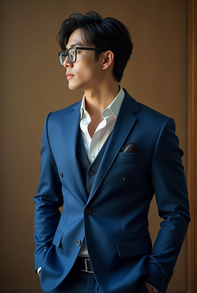 best quality, masterpiece, 8K, HD, masculine, 30 year-old korean gentleman, muscular, nerdy look, glasses, very tight fitting blue business suit, big bulge, golden ratio, sexy, god rays, soft lighting, dynamic shadows, sharp focus, perfection, no watermark,wearing no underwear, sexy, Masculine and handsome, muscular, Beautiful muscles, hairy body,
