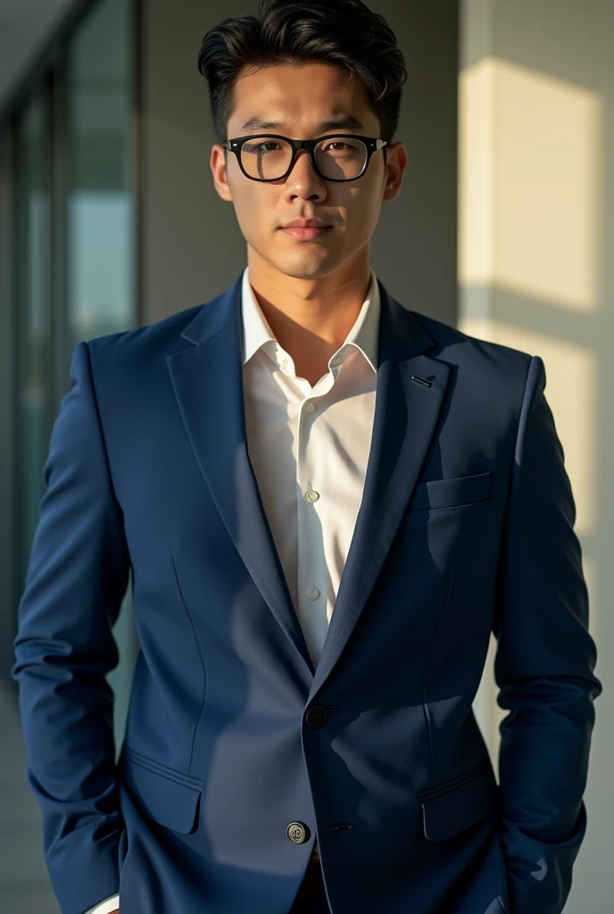 best quality, masterpiece, 8K, HD, masculine, 30 year-old korean gentleman, muscular, nerdy look, glasses, very tight fitting blue business suit, big bulge, golden ratio, sexy, god rays, soft lighting, dynamic shadows, sharp focus, perfection, no watermark,wearing no underwear, sexy, Masculine and handsome, muscular, Beautiful muscles, hairy body,