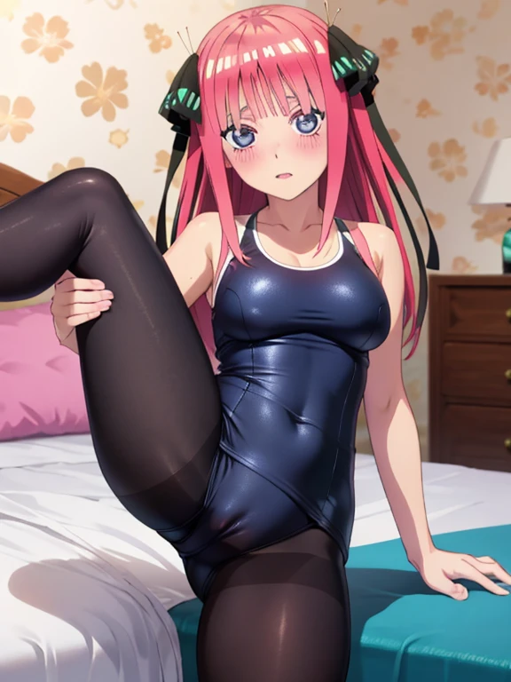 best quality, insanely detailed, nino nakano, breasts, blush, bedroom background, looking at viewer, pussy, one-piece swimsuit, cheerful eye, Gymnastics leg spread, pantyhose