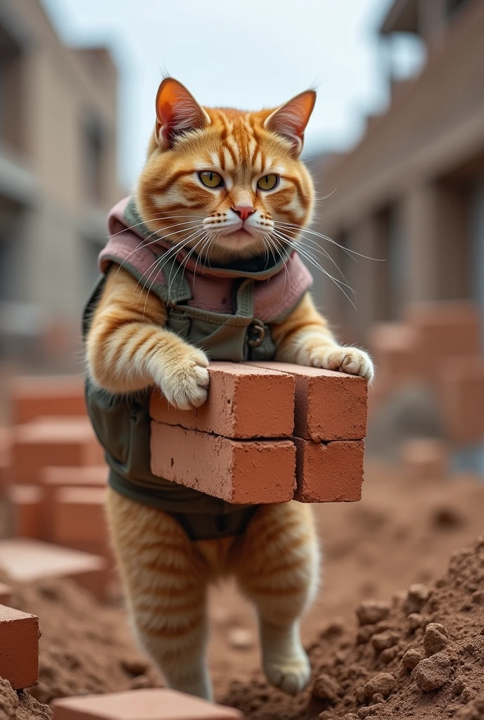 Poor cat working overtime carrying bricks at the construction site