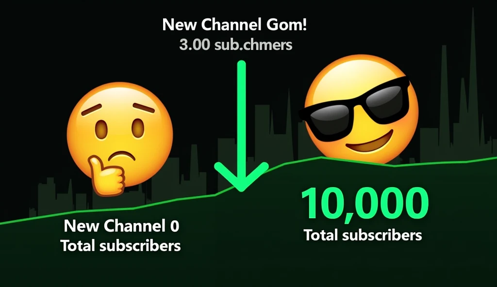 A split-image graphic showing two different subscriber counts for a YouTube channel. The top section features a sad emoji and displays New Channel 0 Total subscribers, indicating no subscribers. The bottom section includes a cool sunglasses emoji and shows New Channel 10,000 Total subscribers, suggesting a significant increase in subscribers. A downward arrow separates the two sections, visually indicating progression. The background is dark with a green line graph motif suggesting growth.