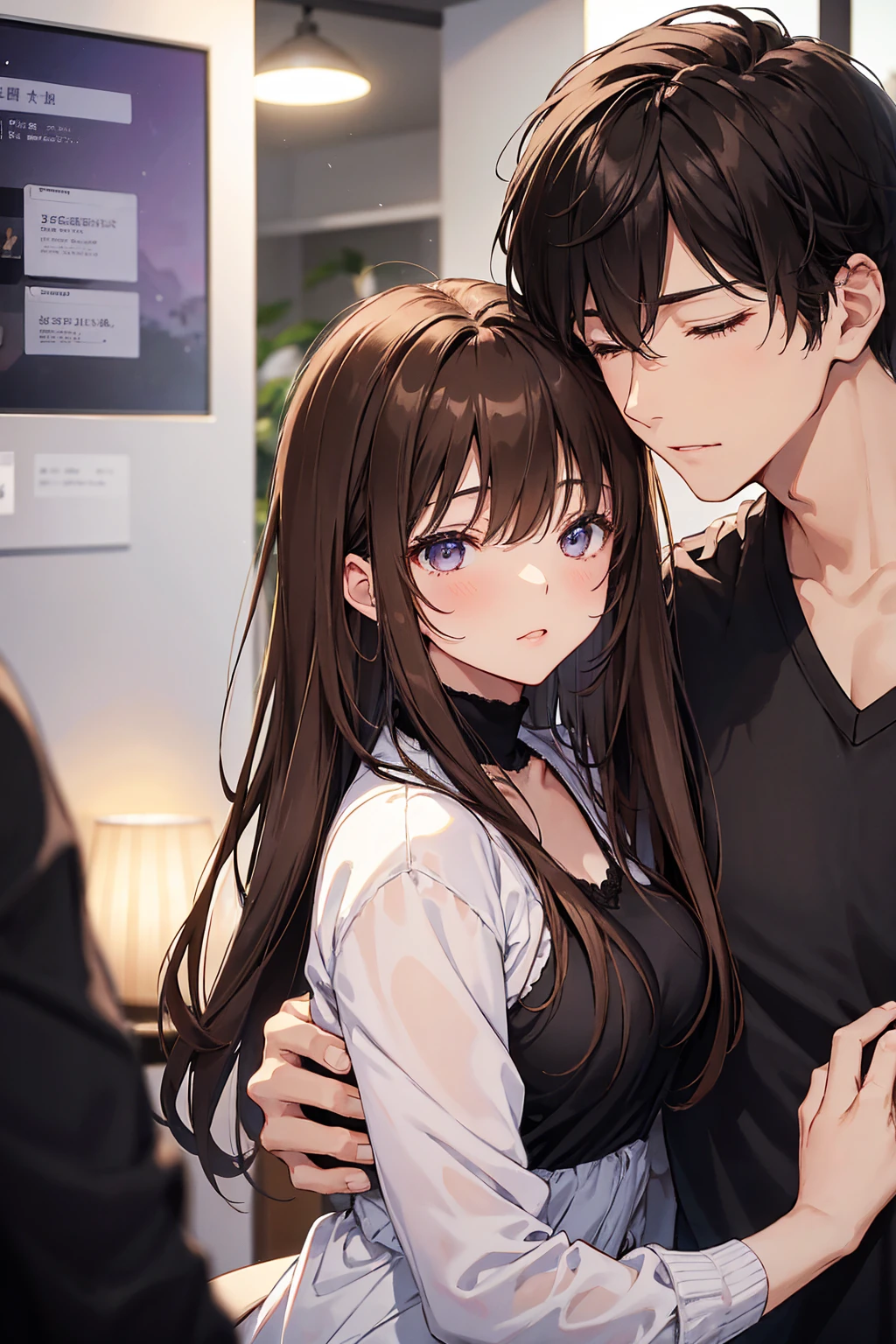 Male and female couples in their 20s、1 male, woman1、Light clothing for both men and women、Kissing、Glossy atmosphere、saliva spills、woman（brown hair medium long）Close ~ eyes、sweet sigh、male person（black short hair、Place your right hand on the woman&#39;s cheek）tightly close your eyes、With background（room、sofa）、deep at night、dark、anatomically accurate limbs、the girl is a little thin、Underwear visible