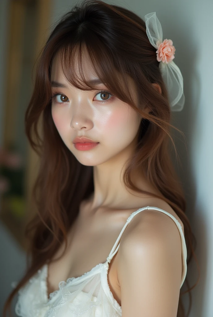 ((masterpiece: 1.3),8K, Practical, RAW photos, best quality: 1.4),whole body、 (A girl), beautiful face, (Practical Face), (Brown long hair: 1.3), Bangs, Perfect dynamic composition,(high quality,Attention to detail, Practical depiction of eyes:1.3)、(((whole bodyショット, whole body、White see-through dress、Bow hair accessories、Black stilettos、