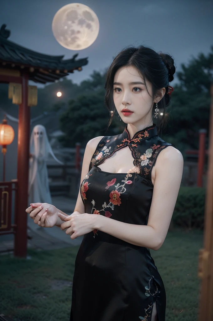 (((best quality))),(((ultra detailed))),(((masterpiece))),illustration,((1 beautiful girl,solo)),(bun hair:1.2),(Ghostly makeup:1.3),(fair skin:1.5),(red lips:1.2),(earrings:1.2),((slim,thin)),((small breasts,flat chest,cleavage)),(black floral embroidered lace sleeveless cheongsam:1.5),(thigh loop:1.3),(slender legs:1.2),(stockings:1.3),(standing:1.3),(A huge moon in the sky:1.3),(moonlit Chinese garden courtyard:1.3),(Ghost Festival:1.3),(Ghostly flames are drifting in the air:1.3),elegant and sophisticated,intricate patterns,curves,dark color,striking visual appeal,ethereal,enchanting,ghostly black blossoms,swaying branches,stone pathways,moss,eerie shadows,ancient pavilion,intricate wooden structure,mystery and intrigue,cicadas chirping,auditory symphony,embodiment of the festival's spirit,bathed in the moon's glow,delicate features,raven-black hair,waterfall of darkness,moon's luminance,captivating allure,sleek fabric,clung to frame,accentuating curves,highlighting beauty,striking appearance,ethereal beauty,hauntingly beautiful scene,captured essence,blend of beauty and mystery,(night scene:1.3),((from front,upper body))