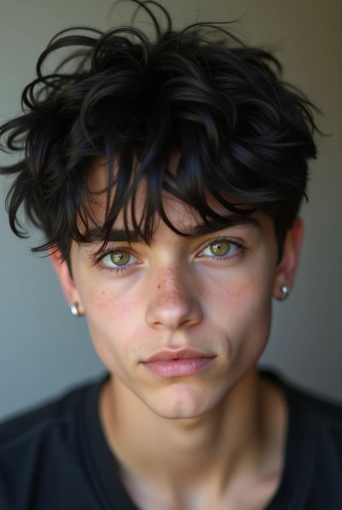 Very cute boy with messy black hair, with piercings in his ears