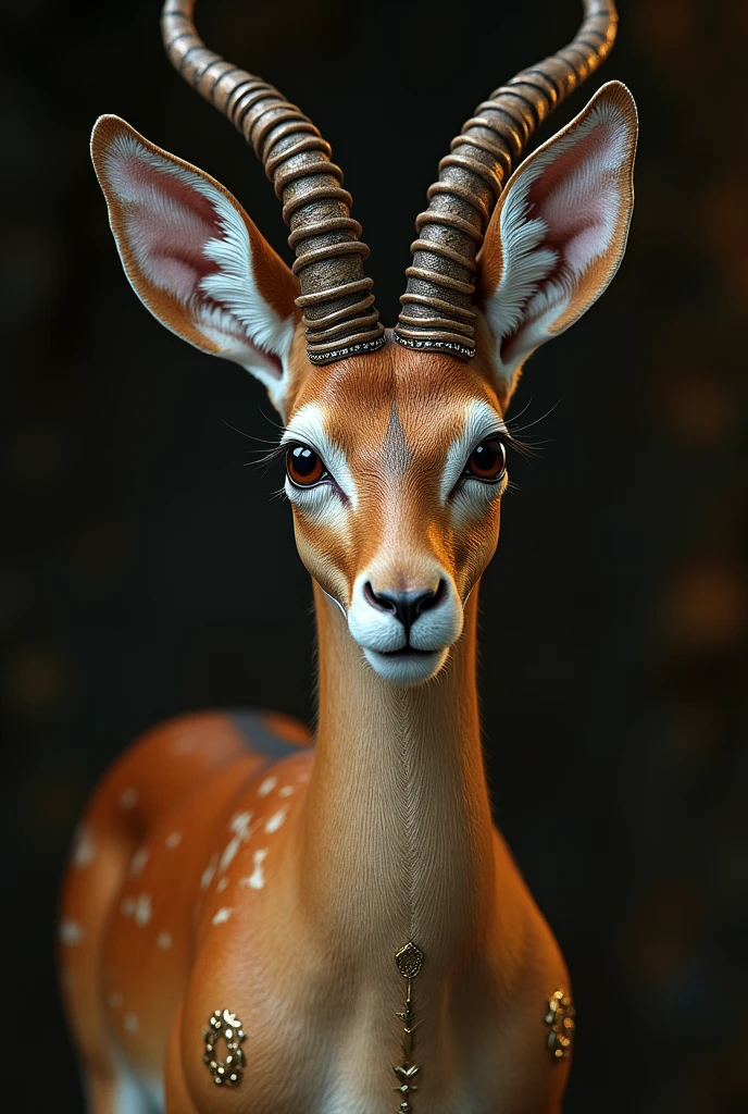 Hello, can you help me create a hyperrealistic full body impala porceline, based on the style of steampunck, Fabergé and art Nouveau, photorealistic, UHD 16K, thanks
