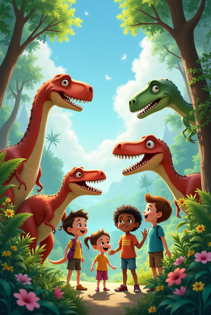 Photo dinosaurs kids at the wild friendship huge