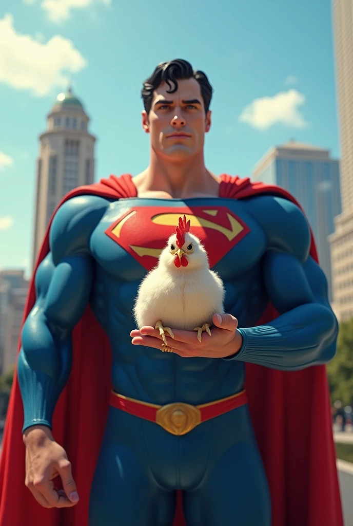 Superman with a chicken in his hand 
