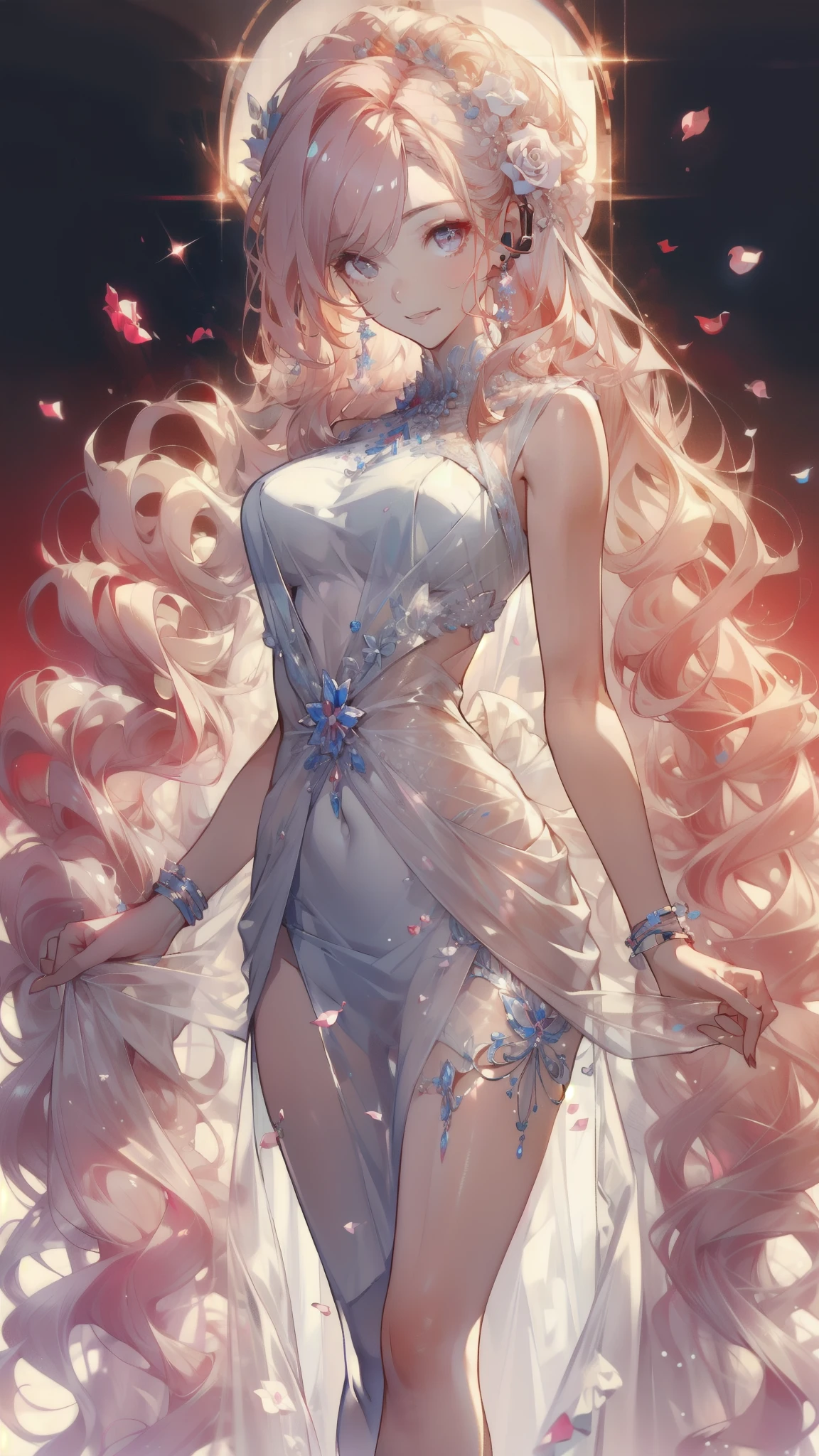 ((masterpiece， best quality))，singer，Rose，earphone，Delicate face，Smile，Gradient long wavy hairstyle，whole body，Perfect body proportions，Modern，luxurious，pleasure，Sexy，Extremely beautiful，Note decoration，transparent,