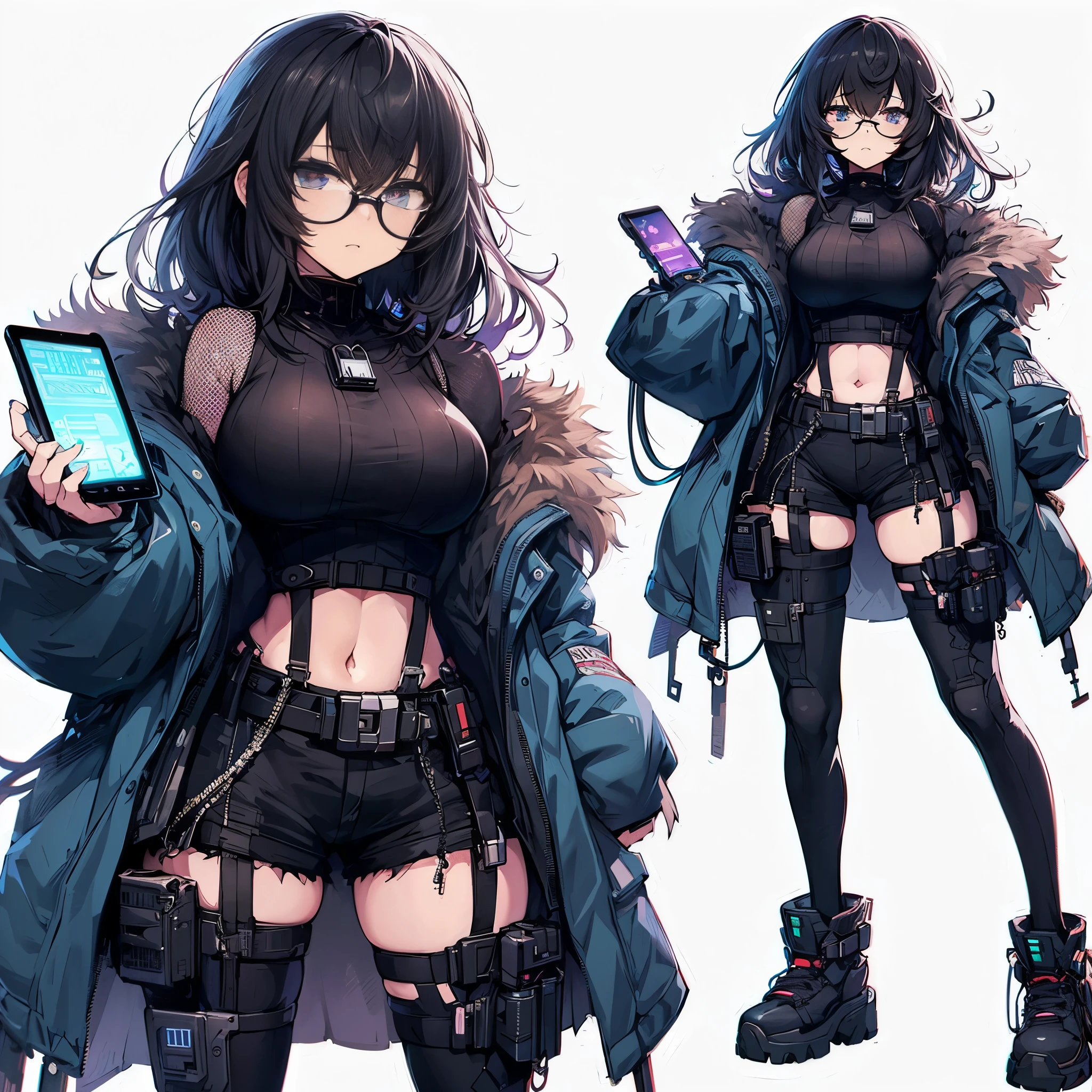 (masterpiece, Best Quality), (detailed hairs), Ultra-detailed, anime style, Full body, solo, Cyberpunk fat nerd girl, bottle bottom glasses, shaggy black hair, dark blue Dowdy parkas, has a high-tech mobile PC, tall and stylish, hi-tech boots, VERY MASSIVE. Muscular, White background, standing full length, standing on wasted earth,
