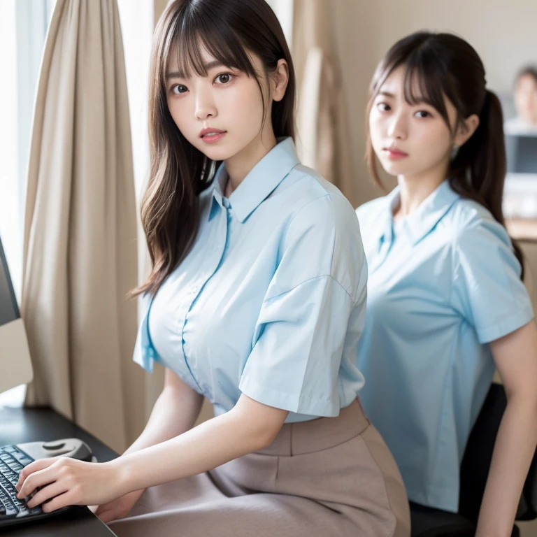masterpiece、highest quality、16K、soft light、professional lighting、Pale shading、Weak contrast、Japanese、beautiful girl、daytime office、Window seat、sitting in front of the computer、A light, pale blue-purple tight blouse、pleated skirt of beige color、smooth and beautiful thighs、(big breasts:1.3)、Faint cleavage、fine and beautiful eyes、cute hanging eyes、gentle smile、(Thin, straight, long hair、high ponytail),(The bangs are see-through bangs)、