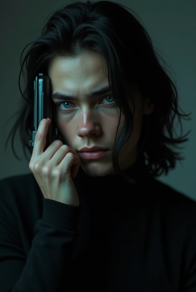 A slender pretty male with long black hair and teal blue eyes, dressed entirely in gothic black clothes. Holding a gun against his head.