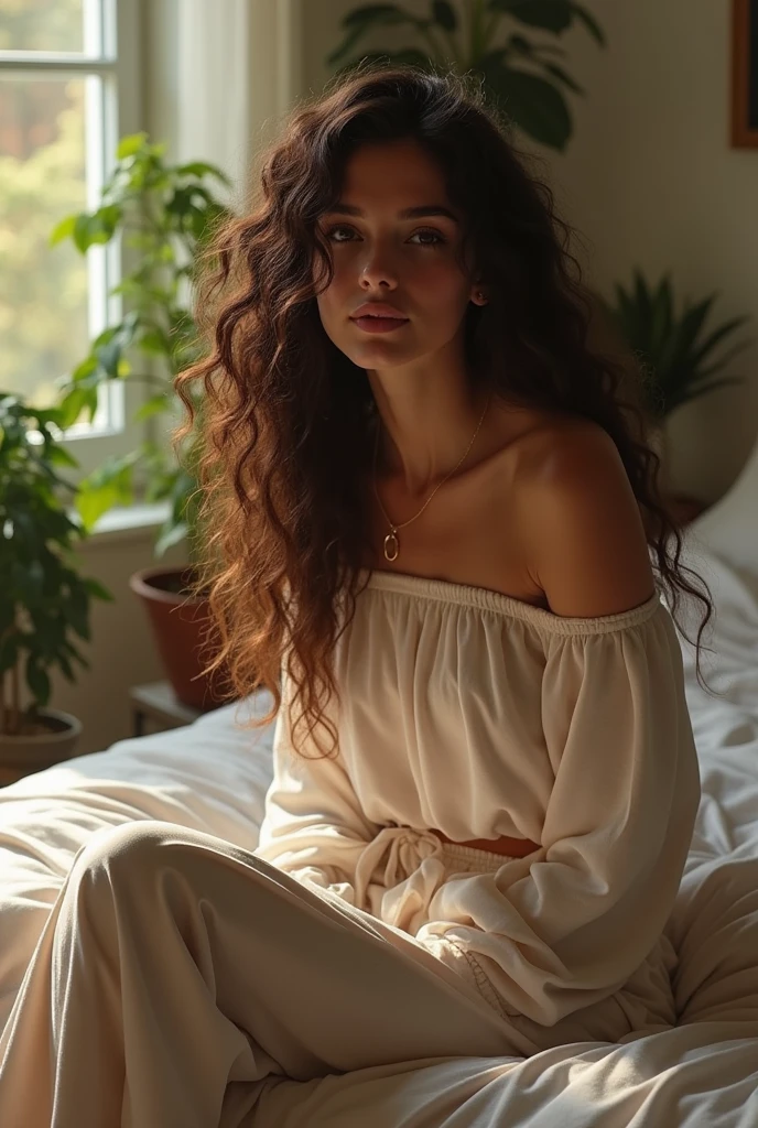 (photorealism:1.2), beautiful woman, sitting on bed, wearing loose off-shoulder top, pajama pants, long curly hair, indoors, soft lighting, plants in background, window with sunlight, cozy room, relaxed pose, realistic, intricate details, warm colors, by Greg Rutkowski, by Alphonse Mucha