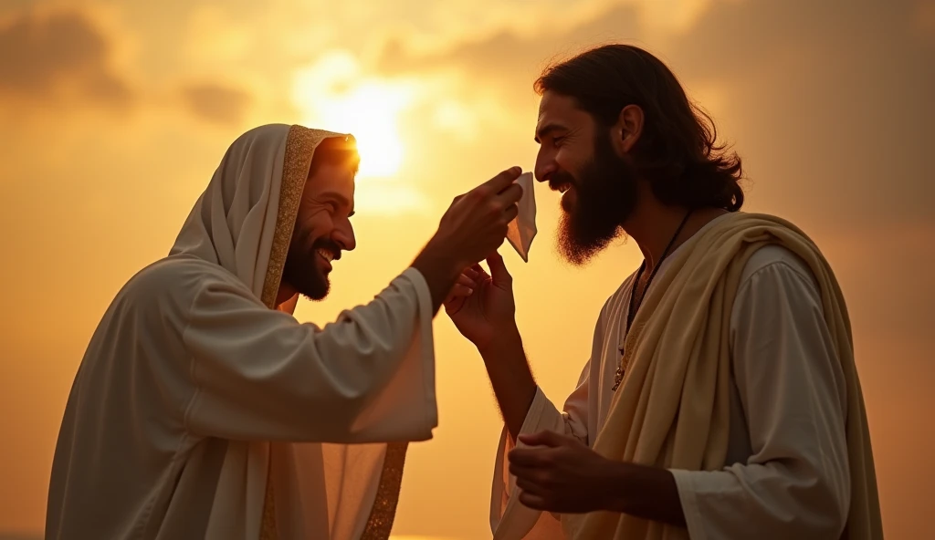 photograph of jesus
with a handkerchief wiping the tears of a man in heaven