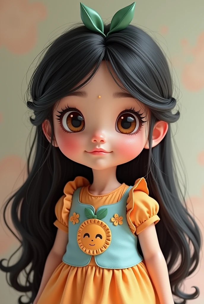 A female child with long black hair with brown eyes and a colorful cartoon dress