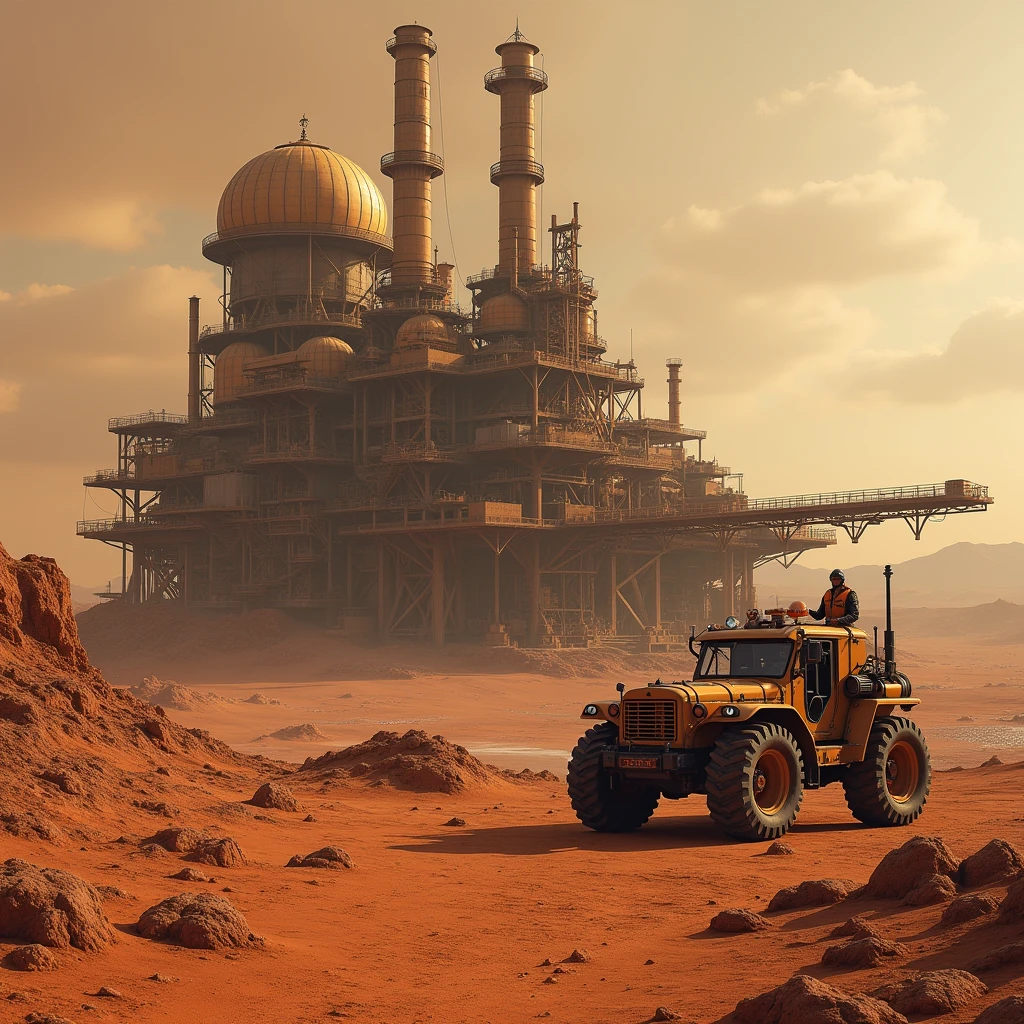 Mars, (Mineral resource extraction plant: 1.5), (Complex factory: 1.5), Worker, Realistic, Science fiction, (Futuristic: 2), Precision, Masterpiece