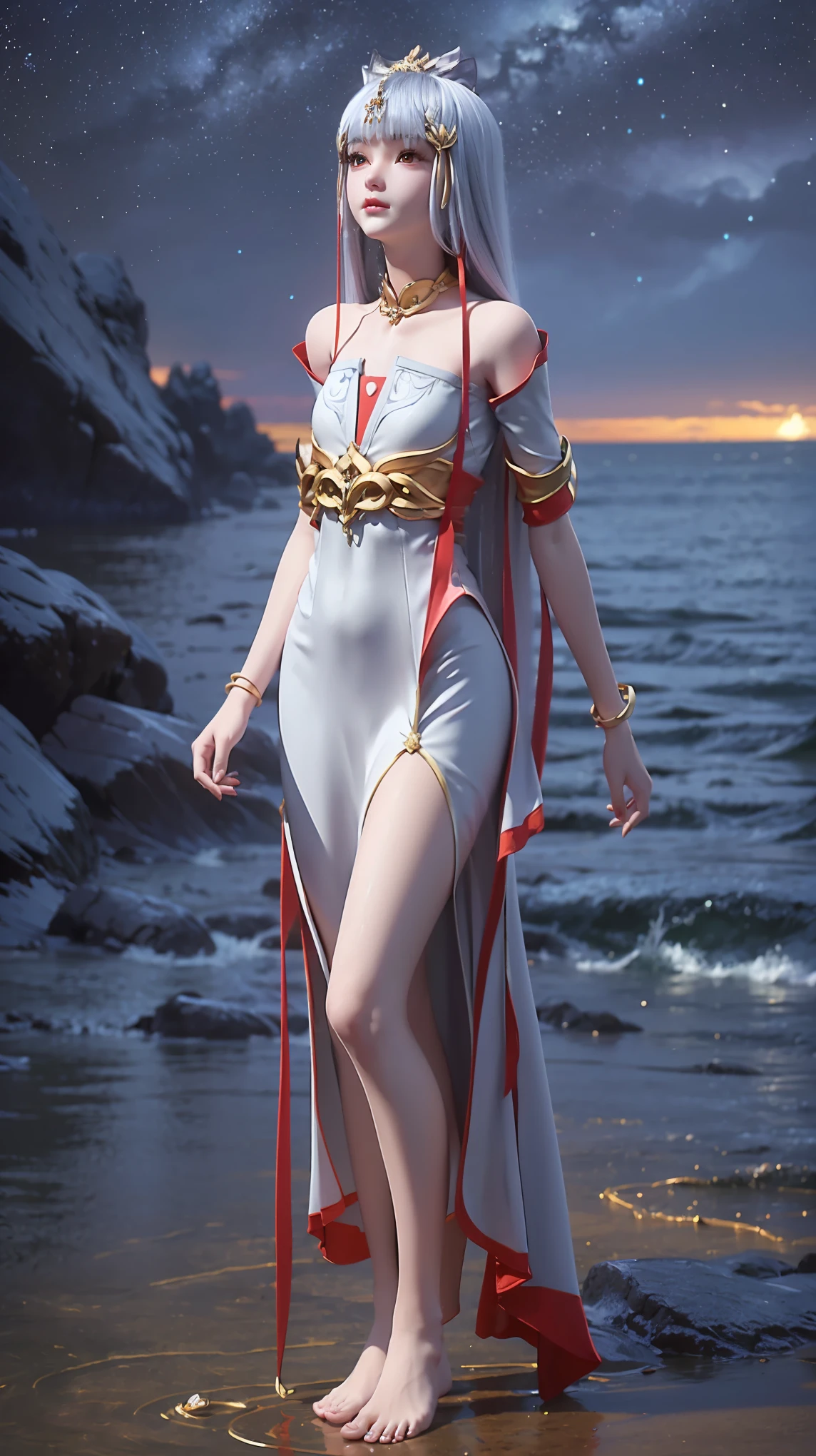 ((Biologically correct number of limbs))、(( Full body image(Including the face)))、4K、masterpiece、((Focus on the face))、((Symmetrical facial features))、The eyes are described in detail、Beautiful woman、Outstanding style、Beautiful arms、Beautiful legs、beautiful hands、(slim)、Facial details、Small earrings、necklace、(white shiny、Shiny dress、barefoot、radiant skin)、(Beautiful legsのアップ)、Sweat,Starry Sky,Starry Sky背景,Deep View,above water