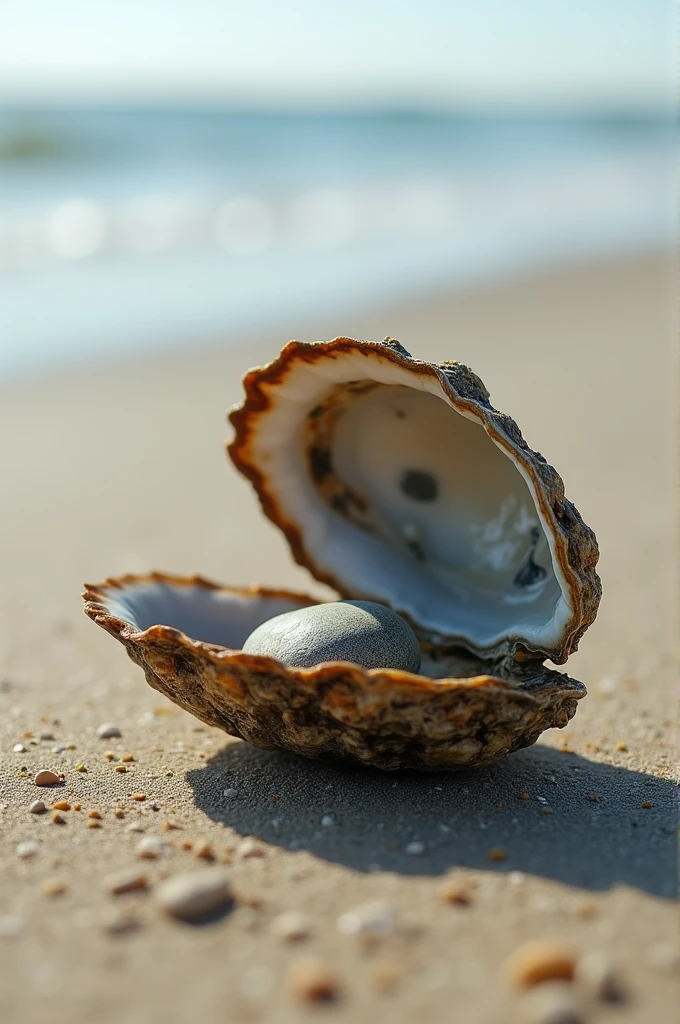 Create an image of an oyster with its mouth open that has a stone inside and the oyster is on the beach alone