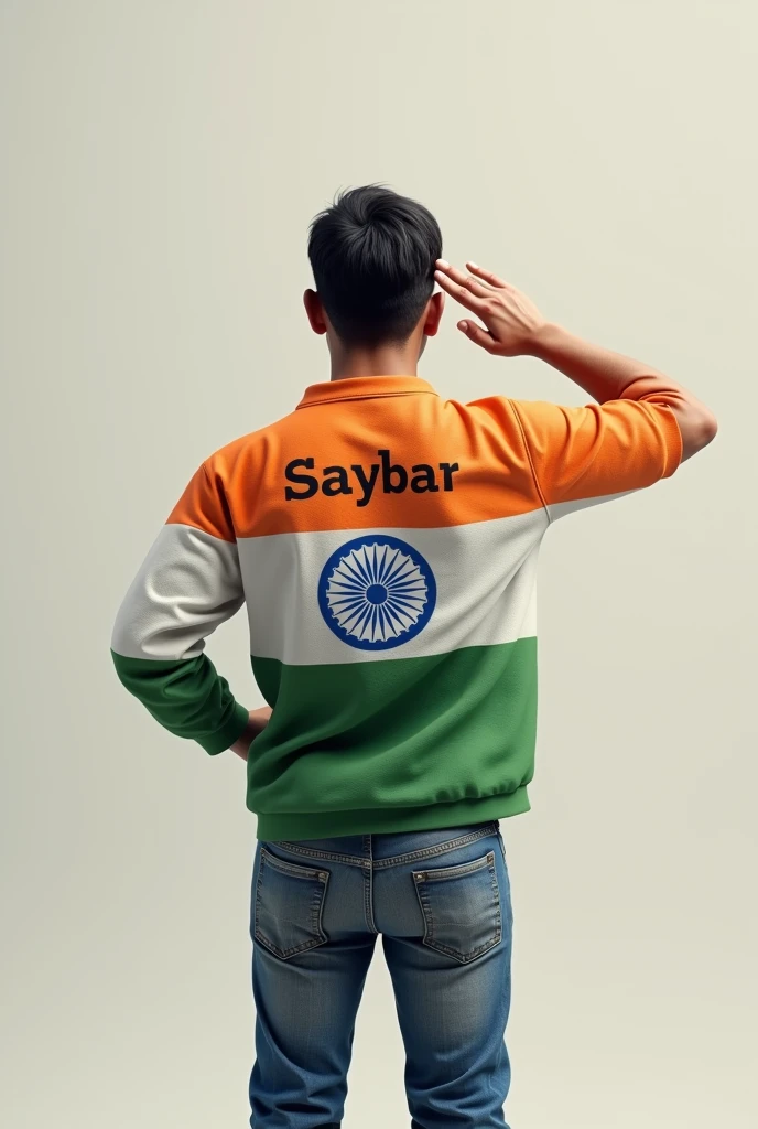 A young 23 years
boy with his back towards the viewer, wearing no clothes on his back. His entire back is painted with the Indian flag, and the word 'Saybar' is written across it. The boy is saluting an Indian flag in front of him, which is displayed in a round shape. The scene should capture a sense of patriotism and pride, with the boy's posture showing respect towards the flag. The design should be in a 3D format, highlighting the details of the flag on his back and the one he is saluting."