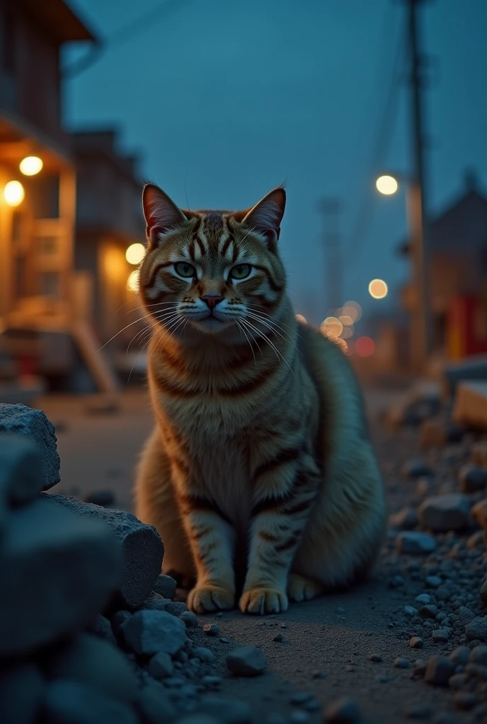 Poor cat working overtime at the construction site late at night