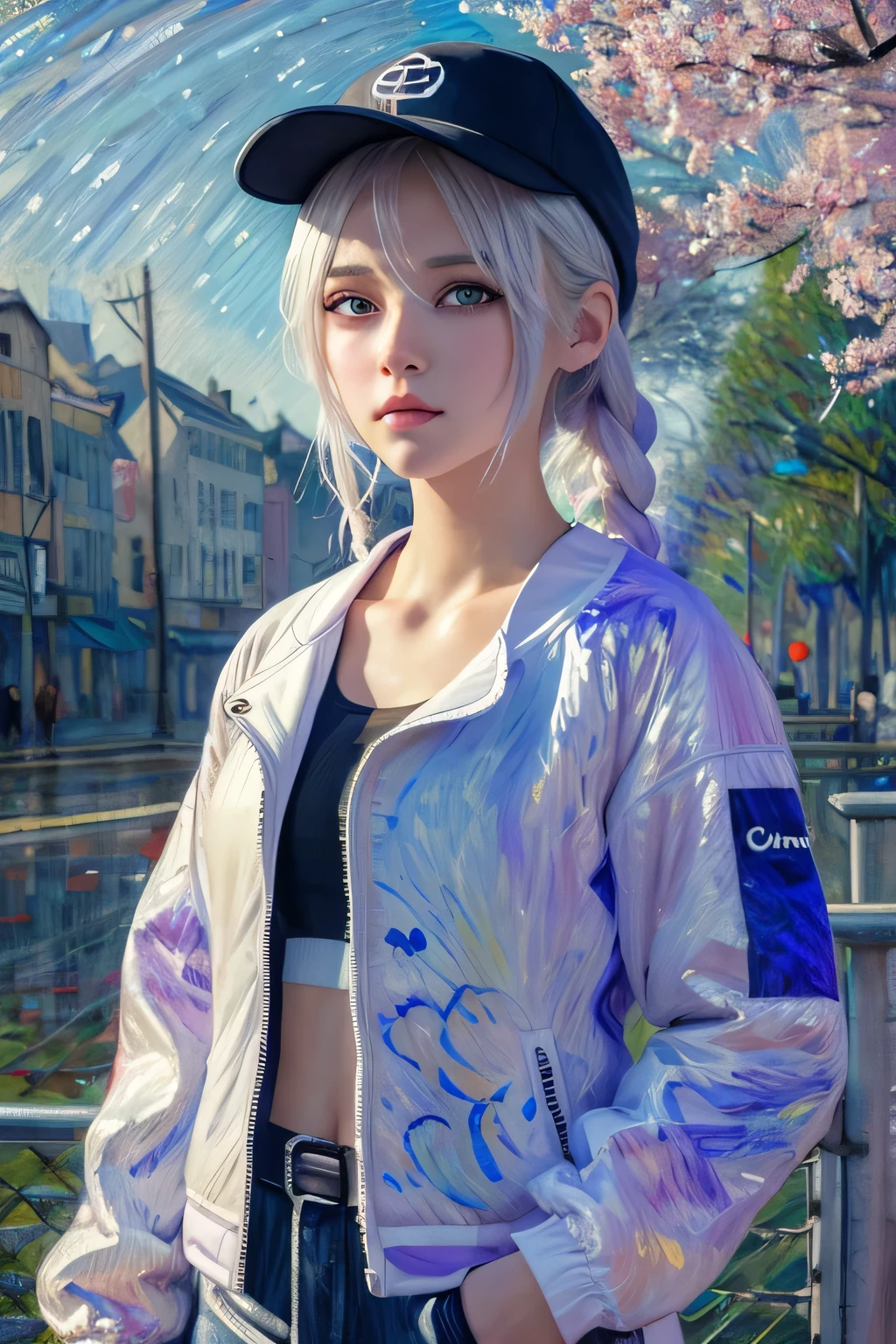 masterpiece, Highest quality, 4K, Ultra-high resolution, mishoujo, Painting, Beautiful eyes and fine face, figure, Beautiful details, high resolution figure, Shine_white_particle, One girl, white hair, Light purple eyes, Hair on one eye, Short side details, Baseball cap,Expressionless, Window Shades, Black jacket, Chest Rig, cyber punk, Techwear,(Impressionism:1.4), Vincent van Gogh