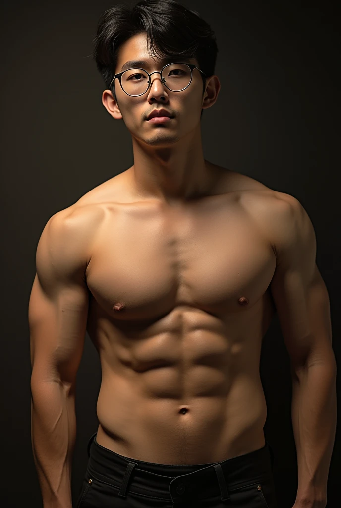 best quality, masterpiece, 8K, HD, masculine, 30 year-old korean gentleman, muscular, nerdy look, glasses, shirtless, big bulge, golden ratio, sexy, god rays, soft lighting, dynamic shadows, sharp focus, perfection, no watermark,wearing no underwear, sexy, Masculine and handsome, muscular, Beautiful muscles, hairy body,