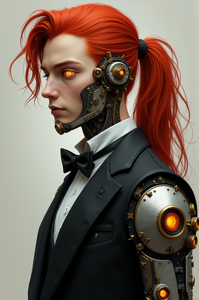 He has red hair tied back and one eye and right arm is a mechanical butler.