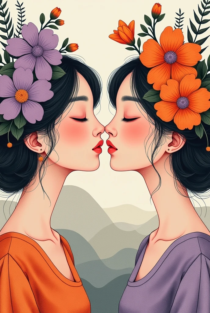 A captivating and vibrant illustration of two twin Korean sisters, each with their eyes closed and lips parted, adorned with intricate, stylized flowers in bold shades of orange and lavender. The floral designs seamlessly intertwine with their faces, creating a fluid, ethereal effect that harmoniously blends their features. The background features an abstract landscape of soft gray and beige shapes and patterns, offering a gentle contrast to the bold colors of the twins and flowers. This enchanting artwork exudes dreamy tranquility and artistic sophistication, inviting the viewer into a surreal world of serenity and captivating beauty, all executed in a scandycfolk stylized pencil drawing., vibrant, illustration