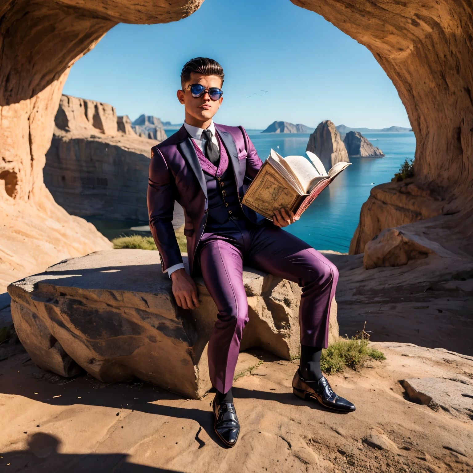 full view full body, young male actor rami malek with preppy undercut haircut, wearing black sunglasses and a 3 piece dapper suit, fine dress shoes and black thin socks.Reading a classic map. The background is a pink alien landscape, HQ photo, large view of alien world pink landsape