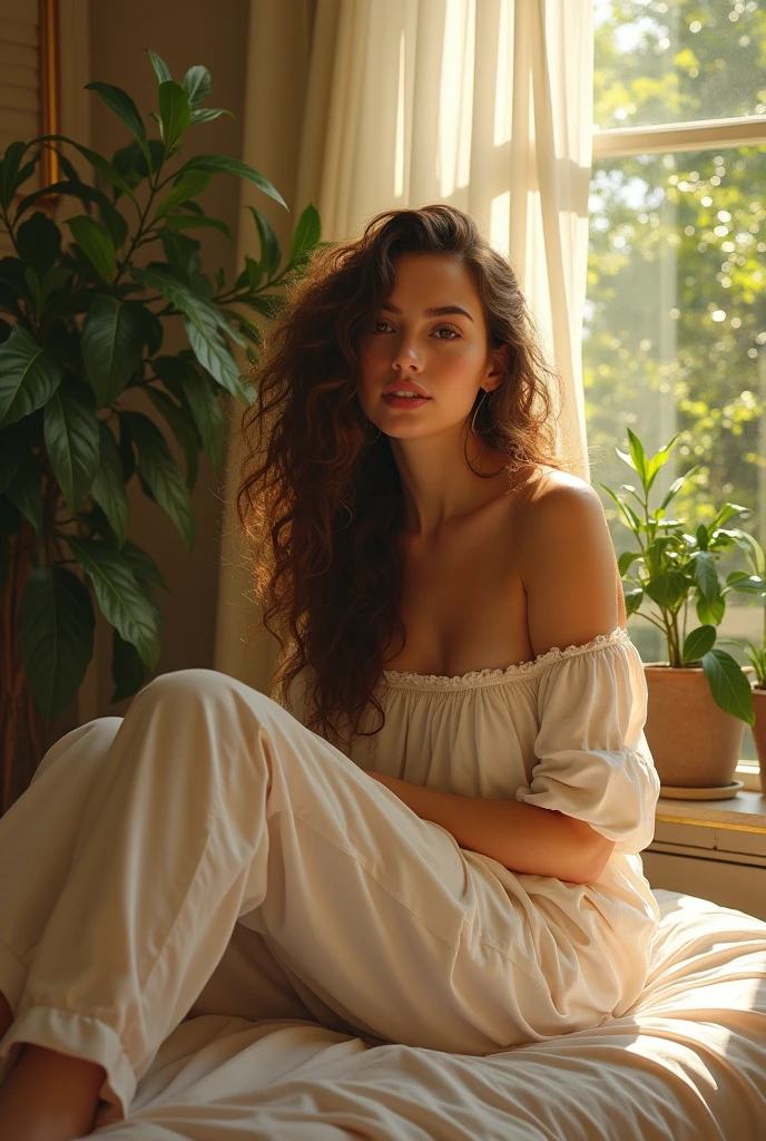 (photorealism:1.2), beautiful woman, sitting on bed, wearing loose off-shoulder top, pajama pants, long curly hair, indoors, soft lighting, plants in background, window with sunlight, cozy room, relaxed pose, realistic, intricate details, warm colors, by Greg Rutkowski, by Alphonse Mucha