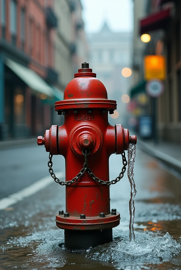 A fire hydrant in the centre of the image, with a neglected or manipulated appearance, as if it were being misused.
Wasted water coming out of the tap, with a dramatic effect that emphasizes the misuse.
An urban background showing a street or building in the background, with danger signs or warnings.
Use intense and contrasting colors so that the main elements stand out.