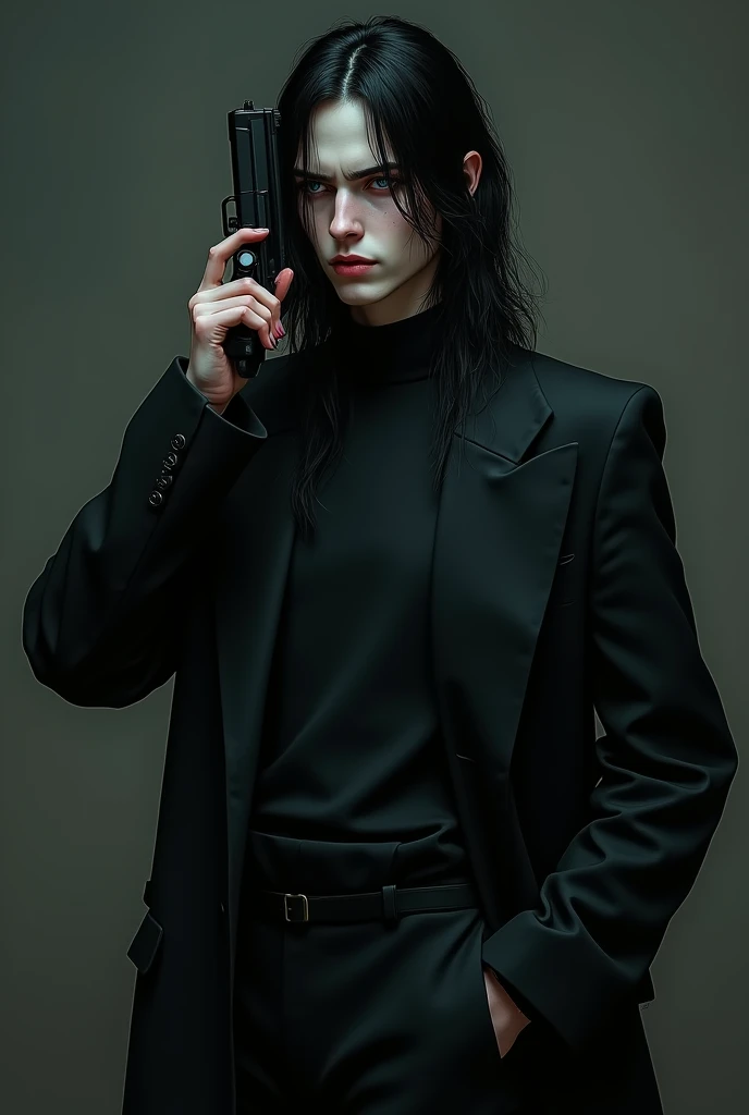 A slender pretty boy with long black hair and teal blue eyes, dressed entirely in gothic black clothes. Holding a gun against his head.