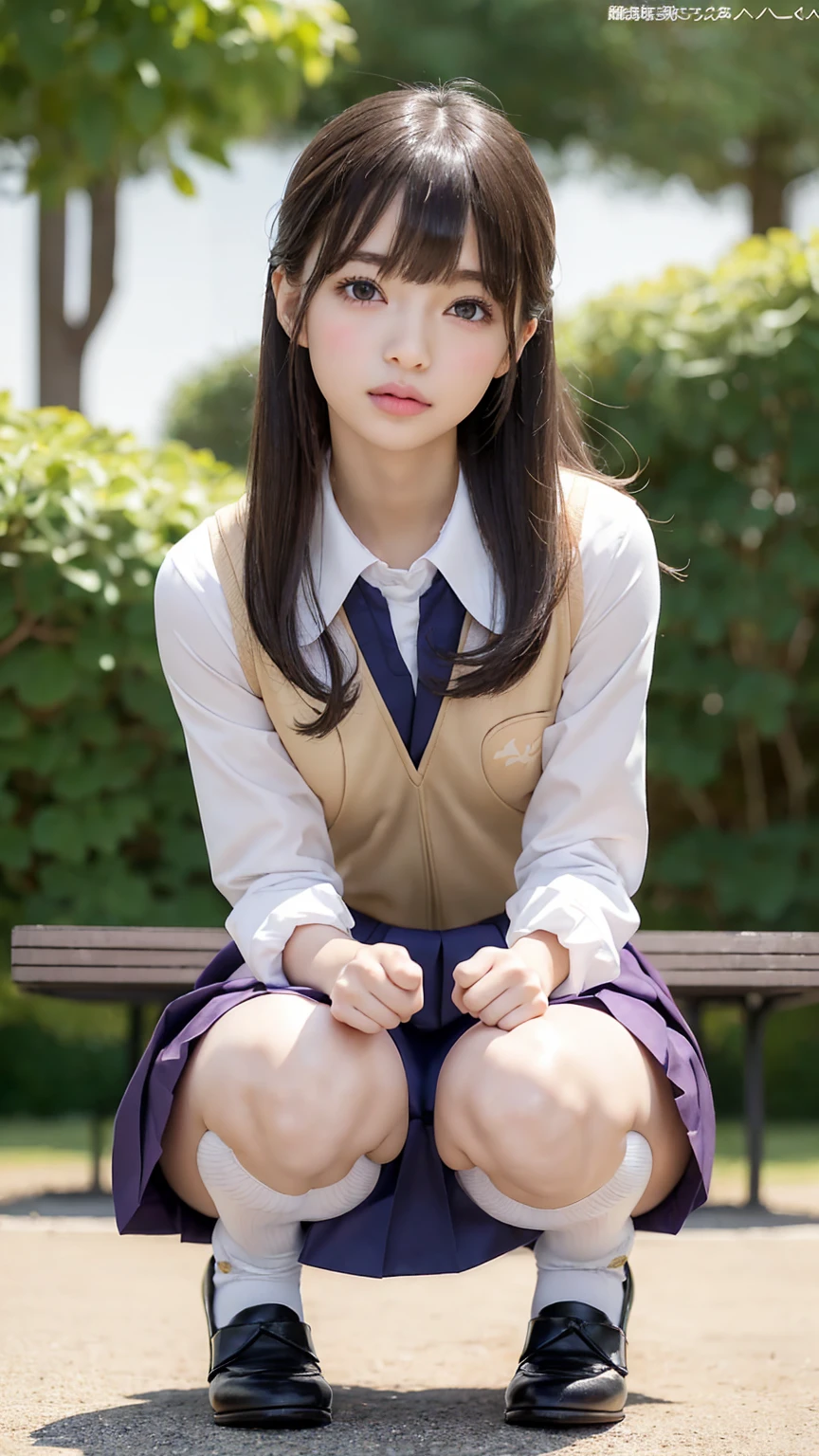 、(Squatting bench)、double eyelid、Perfect Fingers、Perfect Proportions、Huge 、eyelash、Place your heels on the ground、Beautiful and detailed、Very detailed、High resolution、Transcendental beauty、Highest quality、masterpiece、((Japanese school girl uniform))、Very detailed表現、School classroom、Very detailed外観、Pretty Girl JC、positive、She spreads her legs erotically, (((Dynamic pose)))、((Sit with your knees bent))、Sexy Gaze、Low - Angle、(((Cameltoe is visible))), I can see the crack of her pussy, Erotic Cameltou, ((Completely naked))、Small breasts、Nipples、Full body portrait、Full body portrait、、Are standing、