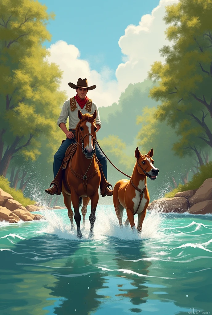 Soon, they came across a wide river. Cow Boy was nervous but remembered that being brave meant trying something new. He led Star to the water, encouraging Rusty to jump in and swim.
Image Prompt:
"Illustration of Cow Boy standing at the edge of a sparkling river, with Star beside him. Cow Boy looks determined, and Rusty is splashing joyfully in the water. The trees on the riverbank add to the calming atmosphere of the scene."