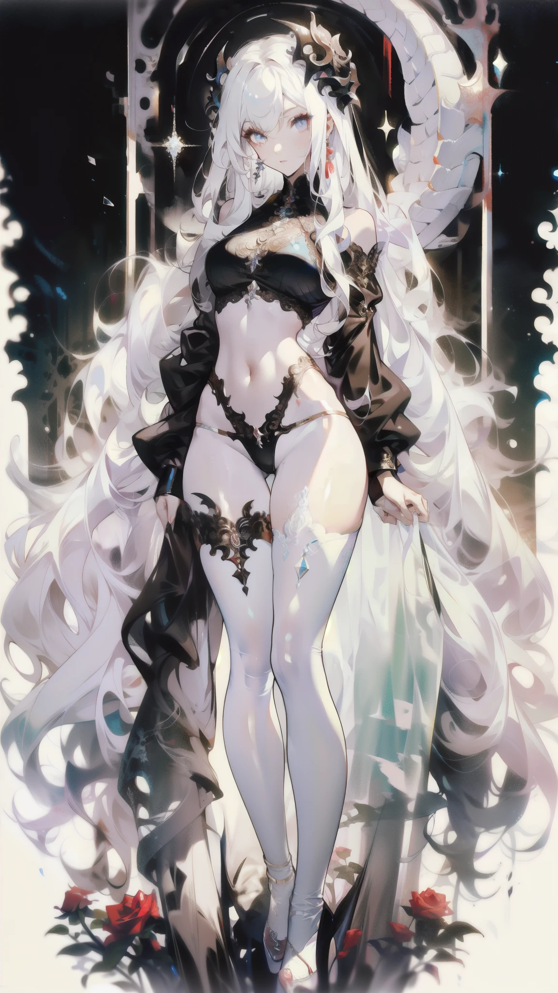 ((masterpiece, best quality)), Delicate face，Dragon Girl，Full body painting，Perfect body proportions，Long legs，((Long wavy hair)), ((Half of her hair is white，The other half is black，Available in two colors))，beautiful eyes，Fantasy style，White background，Extremely beautiful，knight，Rose，transparent，Sexy bikini，Lace，exposed