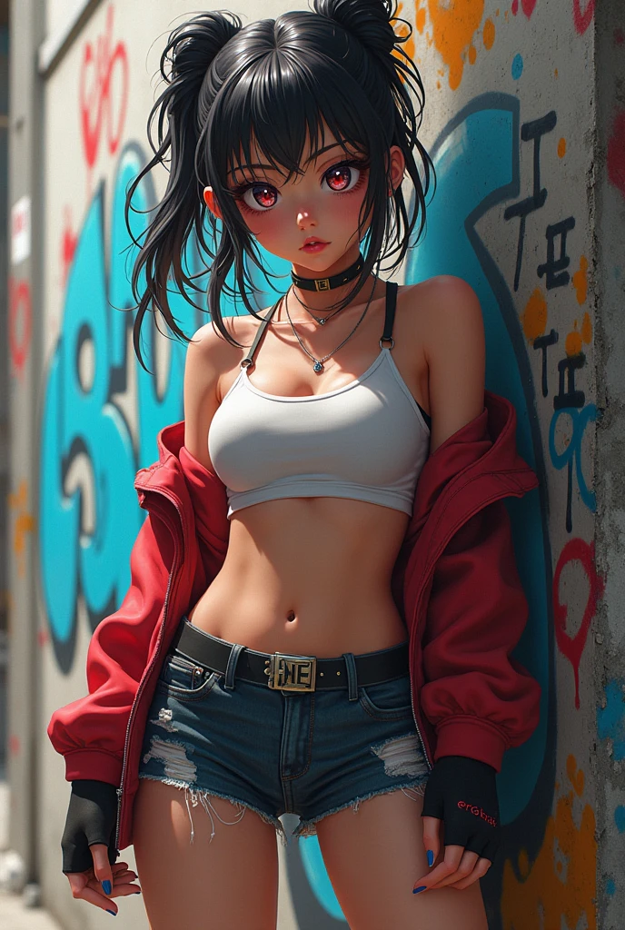 Realistic anime girl with vandalism background