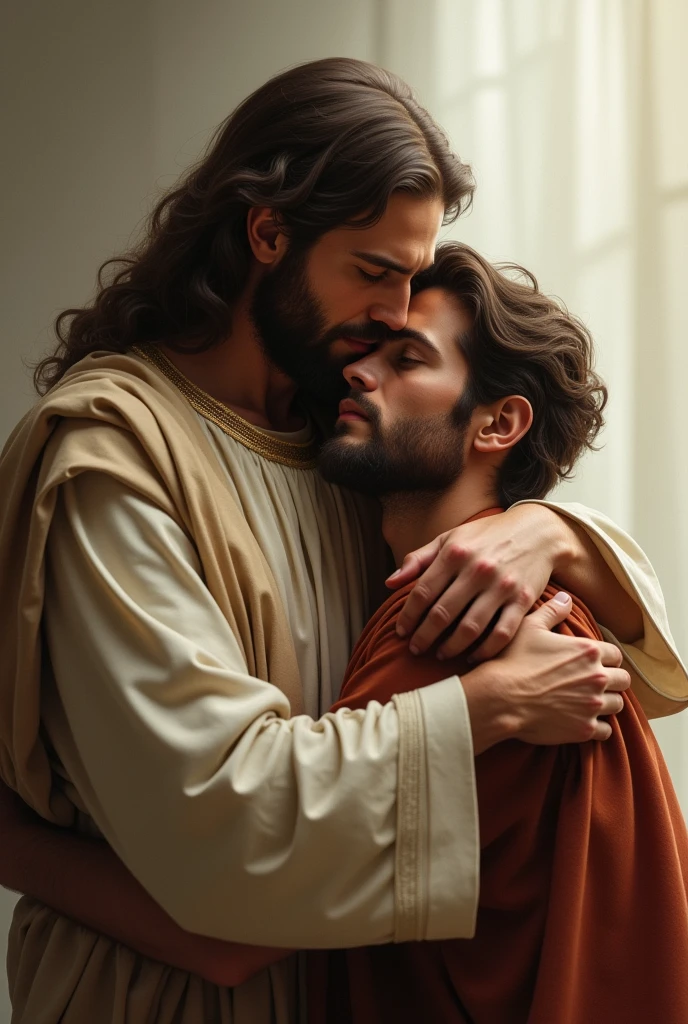 Jesus hugs young man realistic 