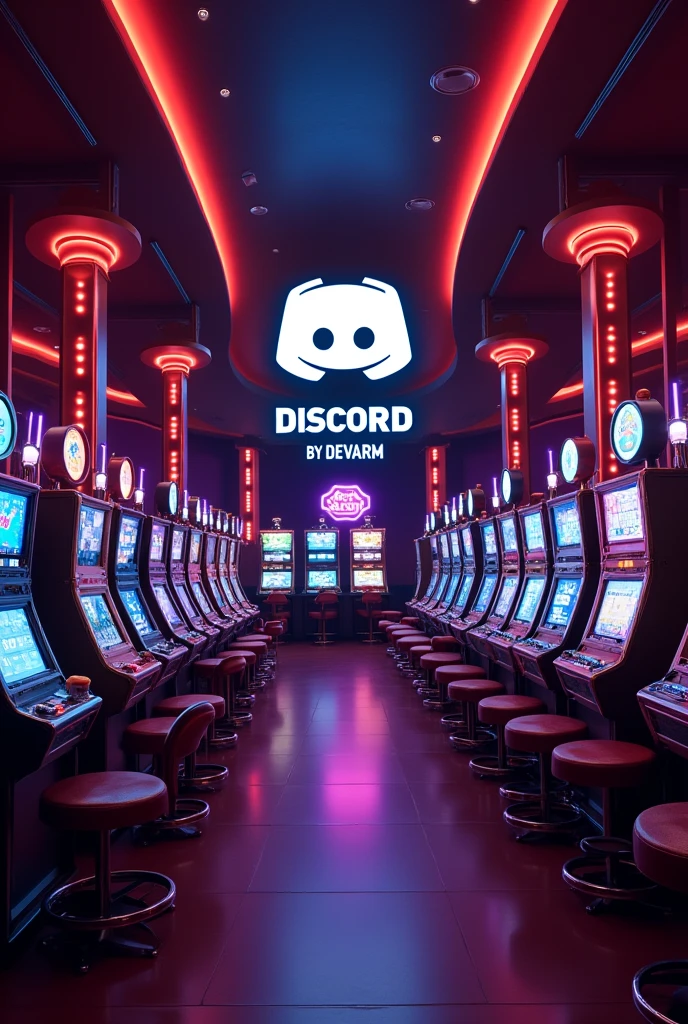 A cool casino with cards, slots, and a Discord logo in the middle. And the name CASINO BY DEVARM, cool and beautiful letters, casino tycoon style, must have a Discord logo in the middle and the name below Lo So.