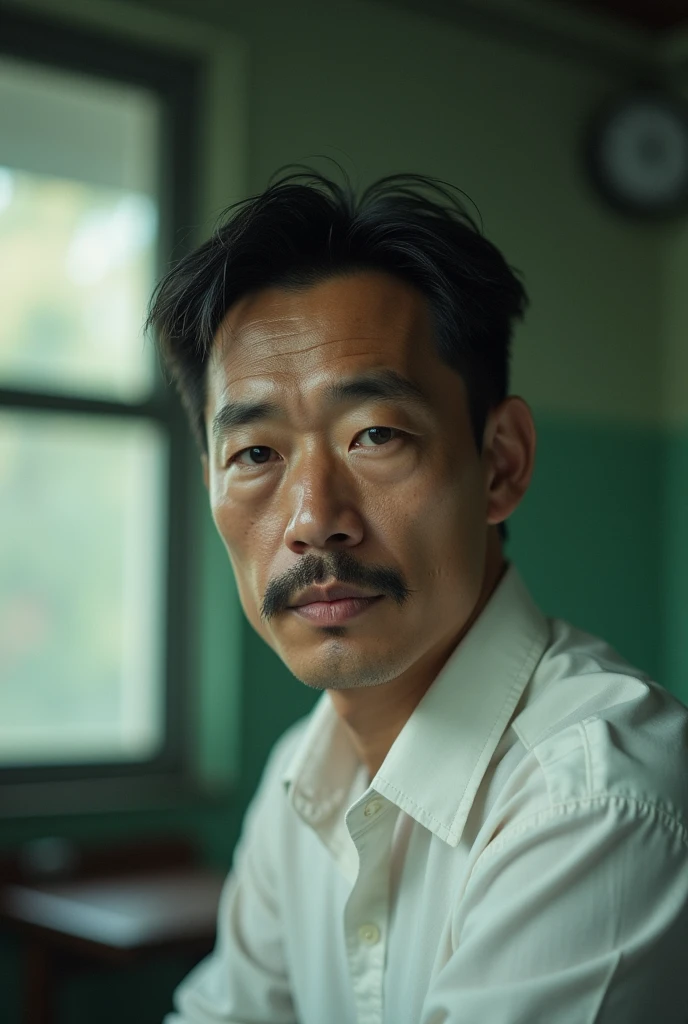 (photorealistic) realistic image of a (Asian male),adult,48 years old ,mustache, (slim build), (dark eyes), wearing a (white shirt), sitting in police station with a (serious face), capturing a (Kodak color film look), featuring a (grainy texture), surrounded by a picturesque (police station) under dramatic light, atmospheric, vivid colors, natural lighting, emotionally charged ambiance