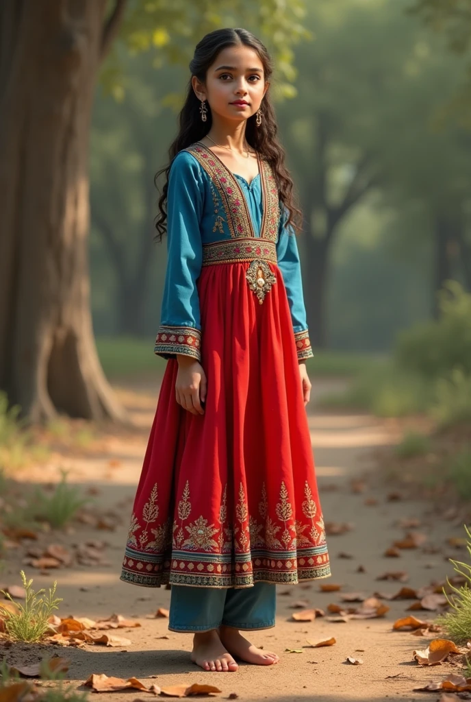 Standing girl short dress Pakistani front looking shoesless realistic celebrity red blue dress