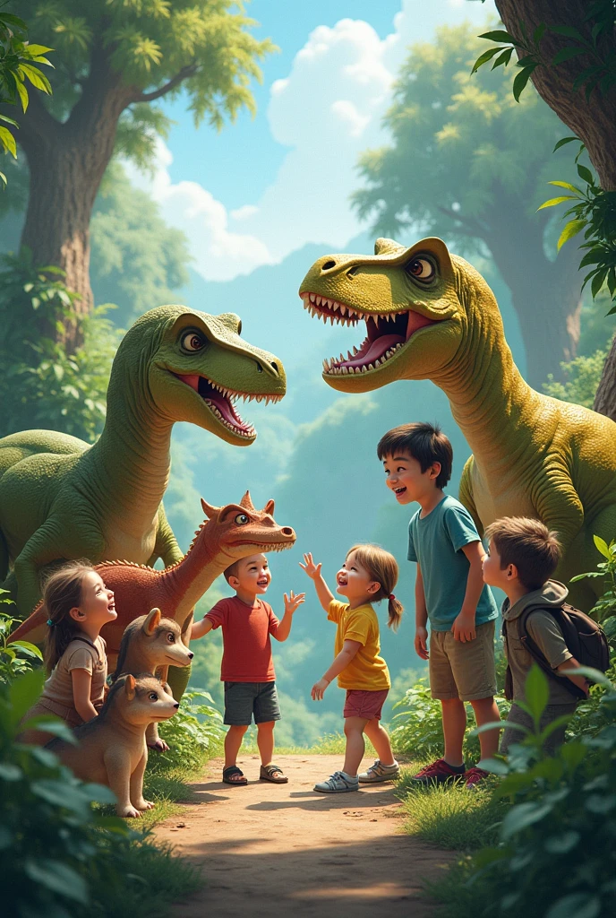 Photo mix dinosaurs kids at the wild friendship with huge