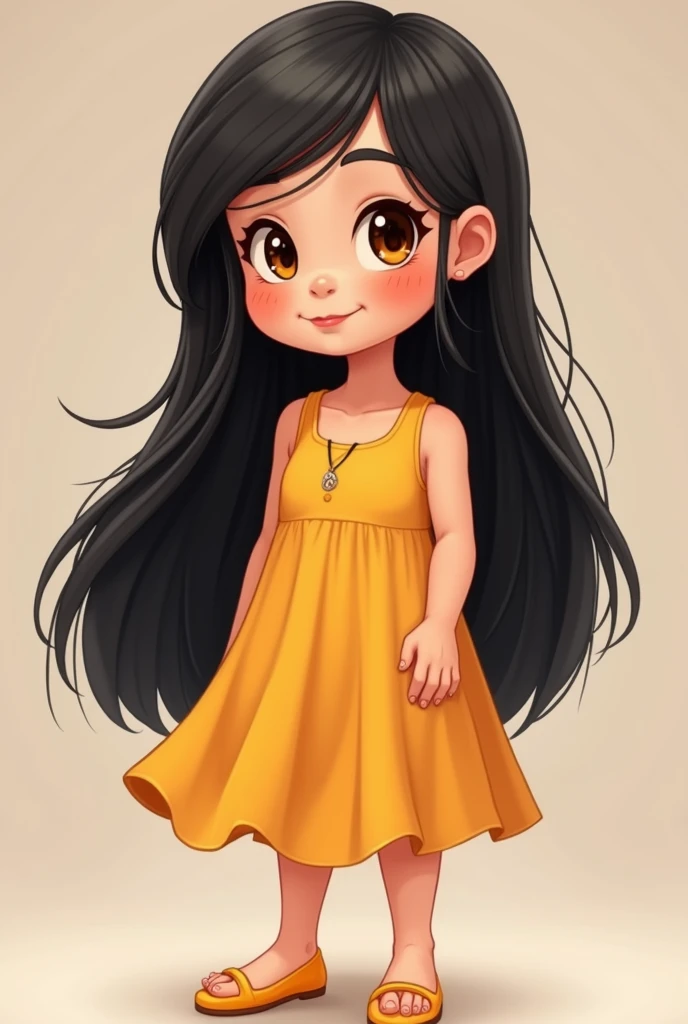 A  woman with long black hair with brown eyes and a realistic cartoon chubby colored dress