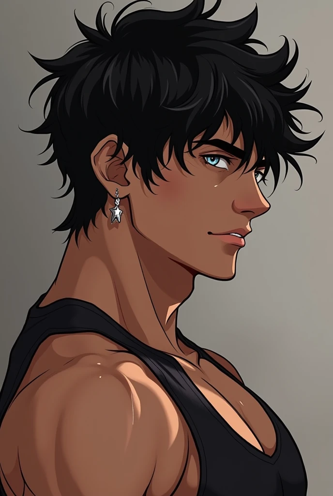 Muscular guy with messy black hair and star piercings in his ears 