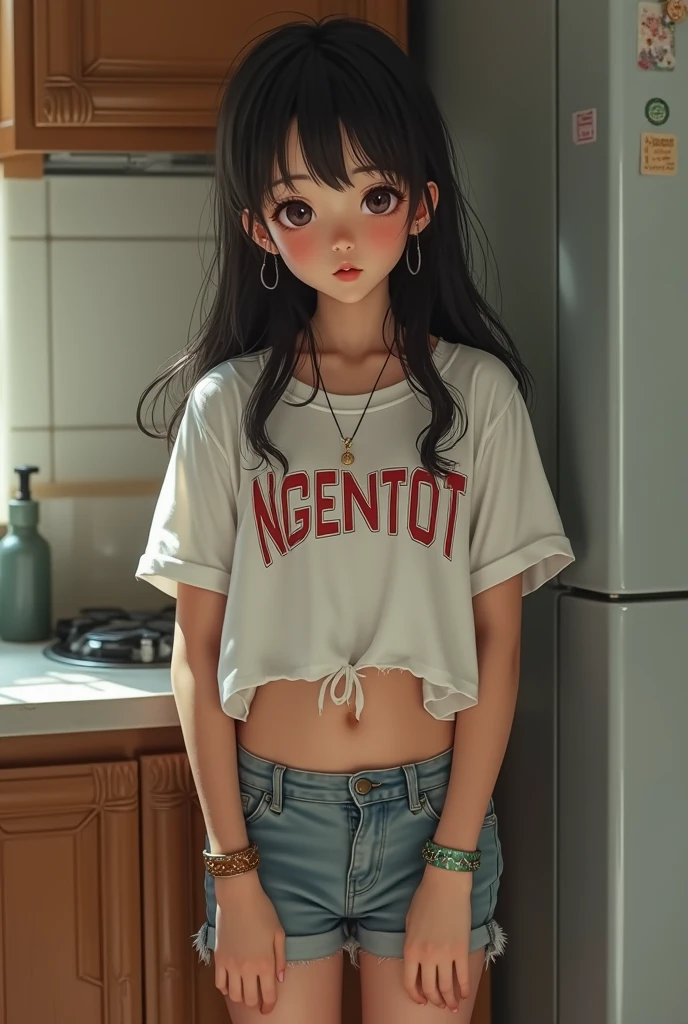 12 year old asian girl, wearing cotton shorts and loose crop tee with ‘NGENTOT’ pattern, leaning on kitchen counter, long wavy dark hair, undressing, undressing, torn shirt, round sagging breasts, nipples sticking out, breasts being squeezed, breasts looking beautiful. ass sagging down, wet body, sweat, horny. necklace, bracelets, looking at viewer, High Resolution, Anatomically Correct, Cowboy Photo,