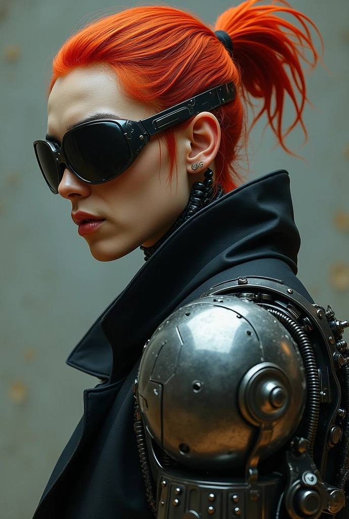 He has red hair tied back, an eyepatch on one eye, and a mechanical butler on his right arm, making him look more human.