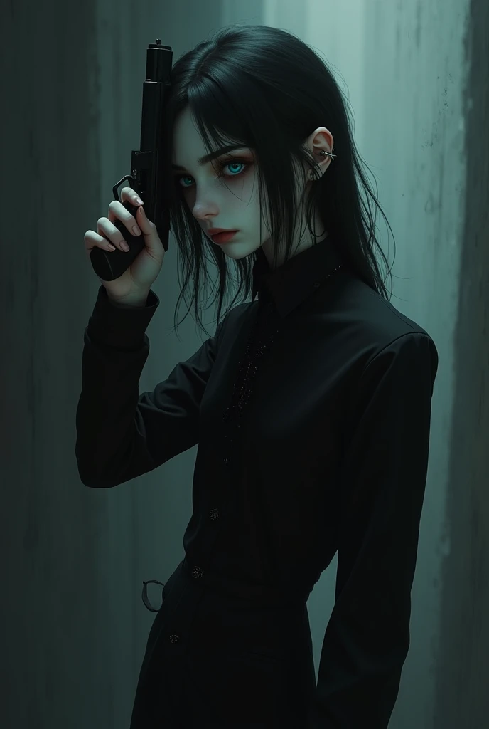 A slender pretty boy with long black hair and teal blue eyes, dressed entirely in gothic black clothes. Holding a gun to his head.