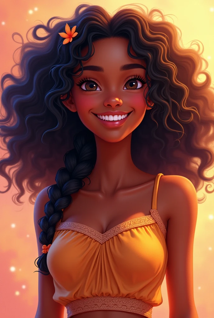 Brown woman with curly hair and braided nago top smiling disney pixa