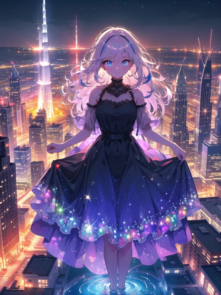 (8K, Best Quality, Masterpiece:1.3)), Ultra High Resolution, (1 Girl, Solo), (Color Changing Eyes, Highly Detailed, Expressive Sparkle, Sparkling Eyes), Highly Detailed Eyes, Highly Detailed Face, Random Hair, (Hair Color, Pastel Color:1.2), (Summer Dress), Background: Burj Khalifa in Dubai, UAE. At night, the world's tallest building is lit up in a variety of colors, creating a spectacular sight as its lights reflect off the surrounding lakes and fountains.
