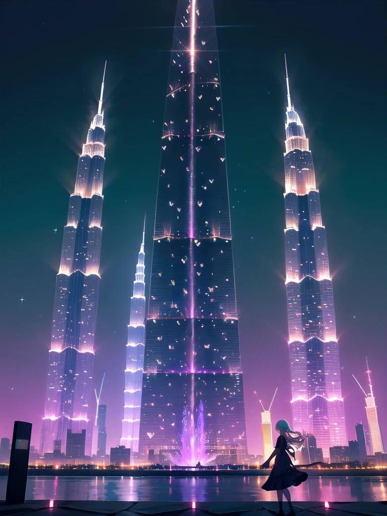 (8K, Best Quality, Masterpiece:1.3)), Ultra High Resolution, (1 Girl, Solo), (Color Changing Eyes, Highly Detailed, Expressive Sparkle, Sparkling Eyes), Highly Detailed Eyes, Highly Detailed Face, Random Hair, (Hair Color, Pastel Color:1.2), (Summer Dress), Background: Burj Khalifa in Dubai, UAE. At night, the world's tallest building is lit up in a variety of colors, creating a spectacular sight as its lights reflect off the surrounding lakes and fountains.