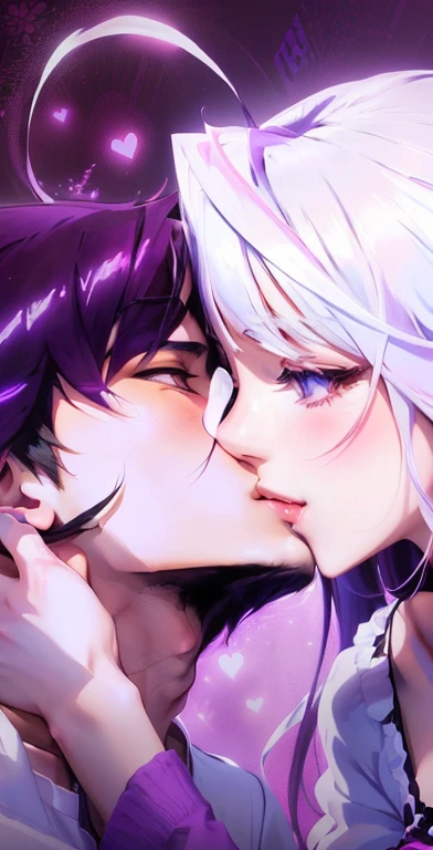 anime - style image of a couple kissing in front of a purple background, hajime yatate, gapmoe yandere, kissing together cutely, gapmoe yandere grimdark, anime wallaper, nick silva and ilya kuvshinov, yandere, kissing together, lovely kiss, hd anime wallaper, sasoura, pin on anime